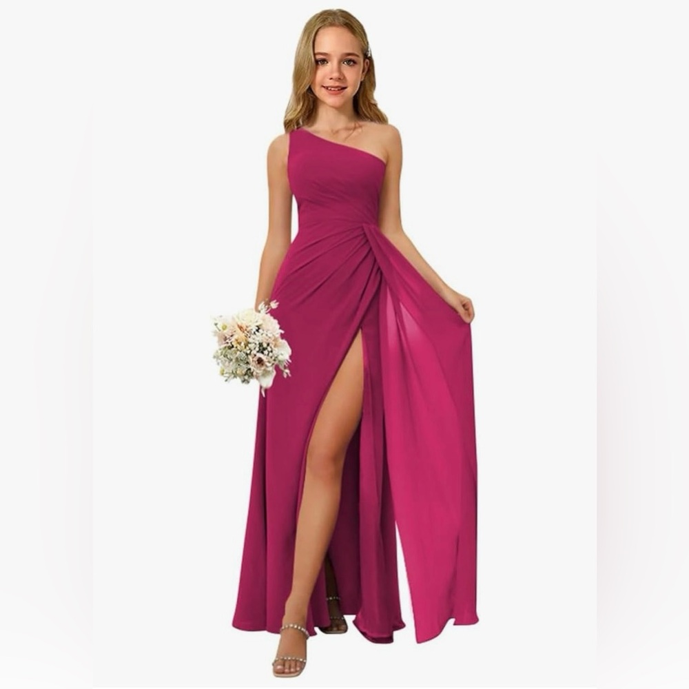 Girls’ One Shoulder Bridesmaid Dress - A-Line with Ruffle and Side Slit Wedding